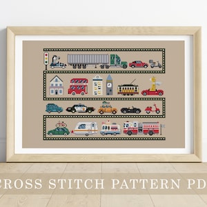 PDF Counted Cross Stitch Let's Go / giraffe, zebra, craft pattern, transportation, police car, baby, race cars, kids room, nursery decor image 1