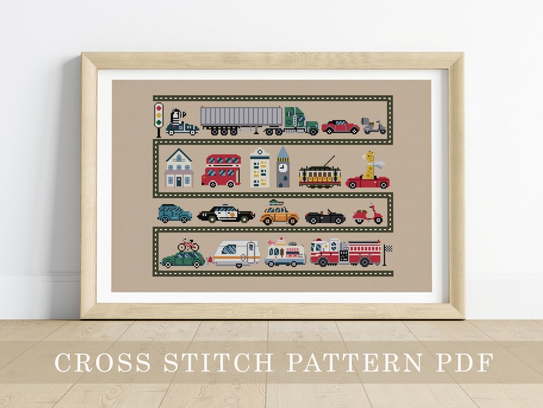 PDF Counted Cross Stitch Let's Go / giraffe, zebra, craft pattern, transportation, police car, baby, race cars, kids room, nursery decor image 1