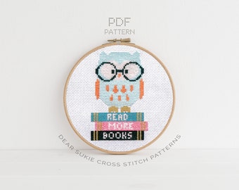 PDF Counted Cross Stitch - Wise Owl / owl cross stitch, diy, embroidery, pattern, gift, library, librarian gift, kids, books, reading