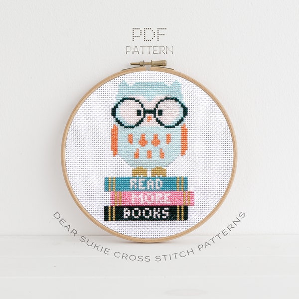 PDF Counted Cross Stitch - Wise Owl / owl cross stitch, diy, embroidery, pattern, gift, library, librarian gift, kids, books, reading