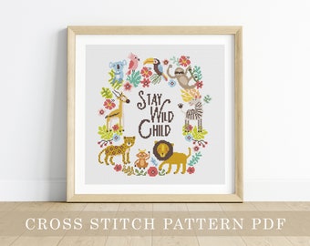 PDF Counted Cross Stitch - Big Jungle / sloth cross stitch, lion, diy, how-to, parrot, pattern, gift, instruction, baby, nursery