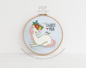 PDF Cross Stitch Pattern - Sweet Pea / unicorn cross stitch, gift, how-to, embroidery, pattern, gift, dmc, bird cross stitch, tween girl