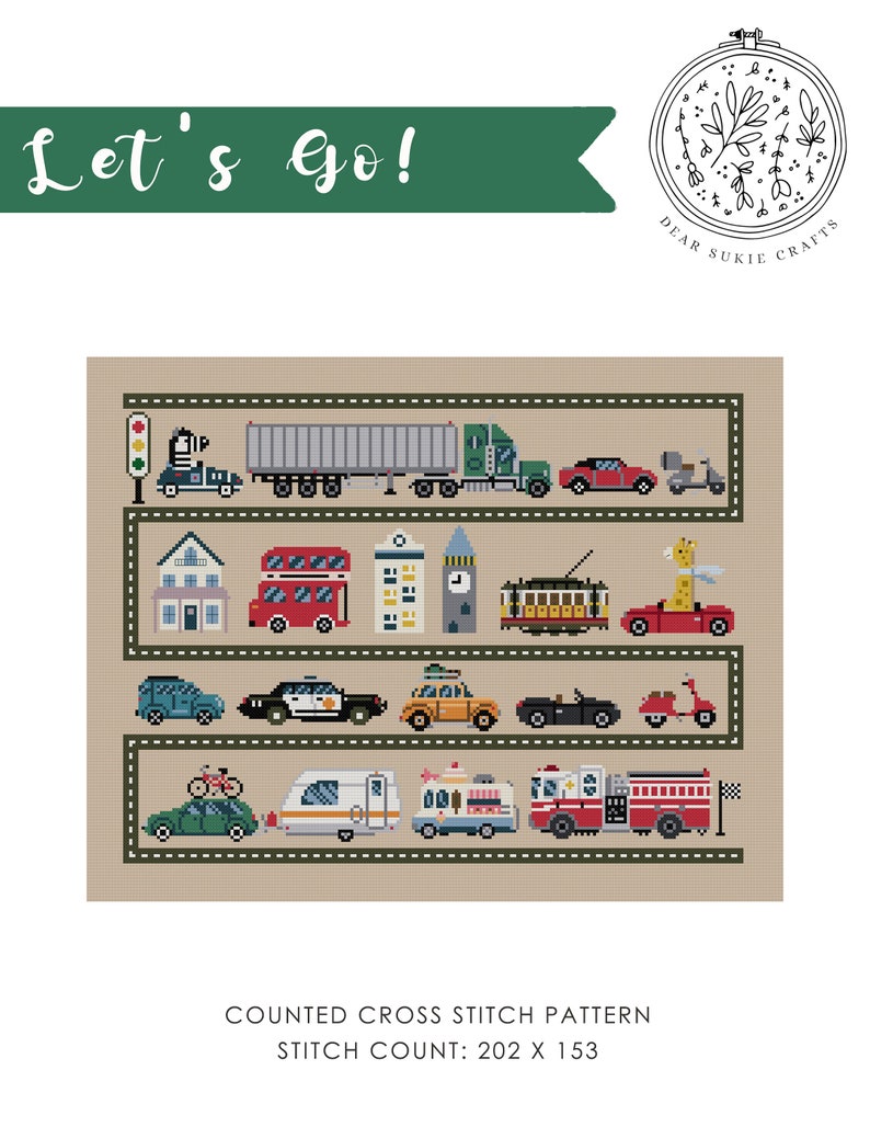 PDF Counted Cross Stitch Let's Go / giraffe, zebra, craft pattern, transportation, police car, baby, race cars, kids room, nursery decor image 2