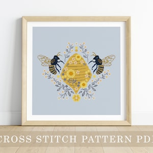 Cross Stitch Pattern - Honey Bee / modern cross stitch pattern, bee embroidery pattern, bee cross stitch, bee, honeybee, beehive, spring