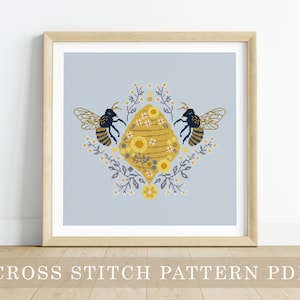 Cross Stitch Pattern Honey Bee / modern cross stitch pattern, bee embroidery pattern, bee cross stitch, bee, honeybee, beehive, spring image 1