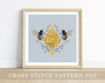 Cross Stitch Pattern - Honey Bee / modern cross stitch pattern, bee embroidery pattern, bee cross stitch, bee, honeybee, beehive, spring