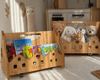 Estantería Montessori de suelo con ruedas, organizador de juguetes, estantería infantil de madera personalizada, estantería para guardería, regalo de cumpleaños
