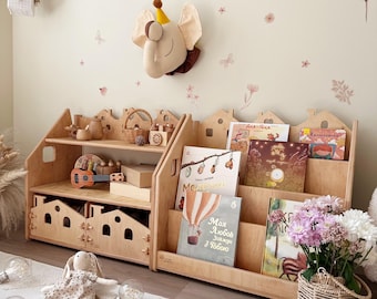 Libreria Montessori personalizzata e contenitore per giocattoli: mobili in legno con scatole per la cameretta dei bambini