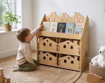 Personalisierte Montessori Bücherregal und Spielzeug Aufbewahrung - Holzmöbel mit Boxen für Kinderzimmer