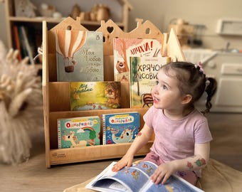 Personalized Montessori Bookshelf and Toy Storage — Wooden Furniture with Boxes for Kids Room