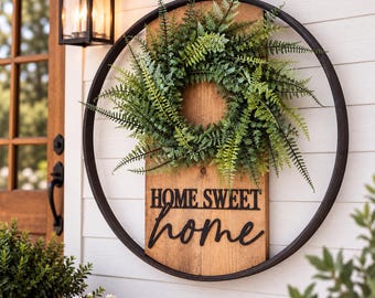 Home Sweet Home Sign | 22” Bourbon Barrel Farmhouse Round Wall Decor | Rustic Metal Hoop Porch Sign
