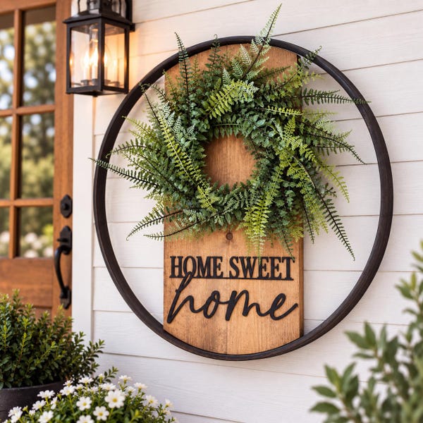 Home Sweet Home Sign | 22” Bourbon Barrel Farmhouse Round Wall Decor | Rustic Metal Hoop Porch Sign
