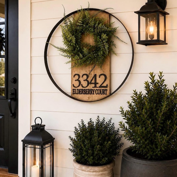House Number Sign | 22” Personalized Farmhouse Address Sign | Rustic Porch Sign| Bourbon Barrel Metal Hoop Decor