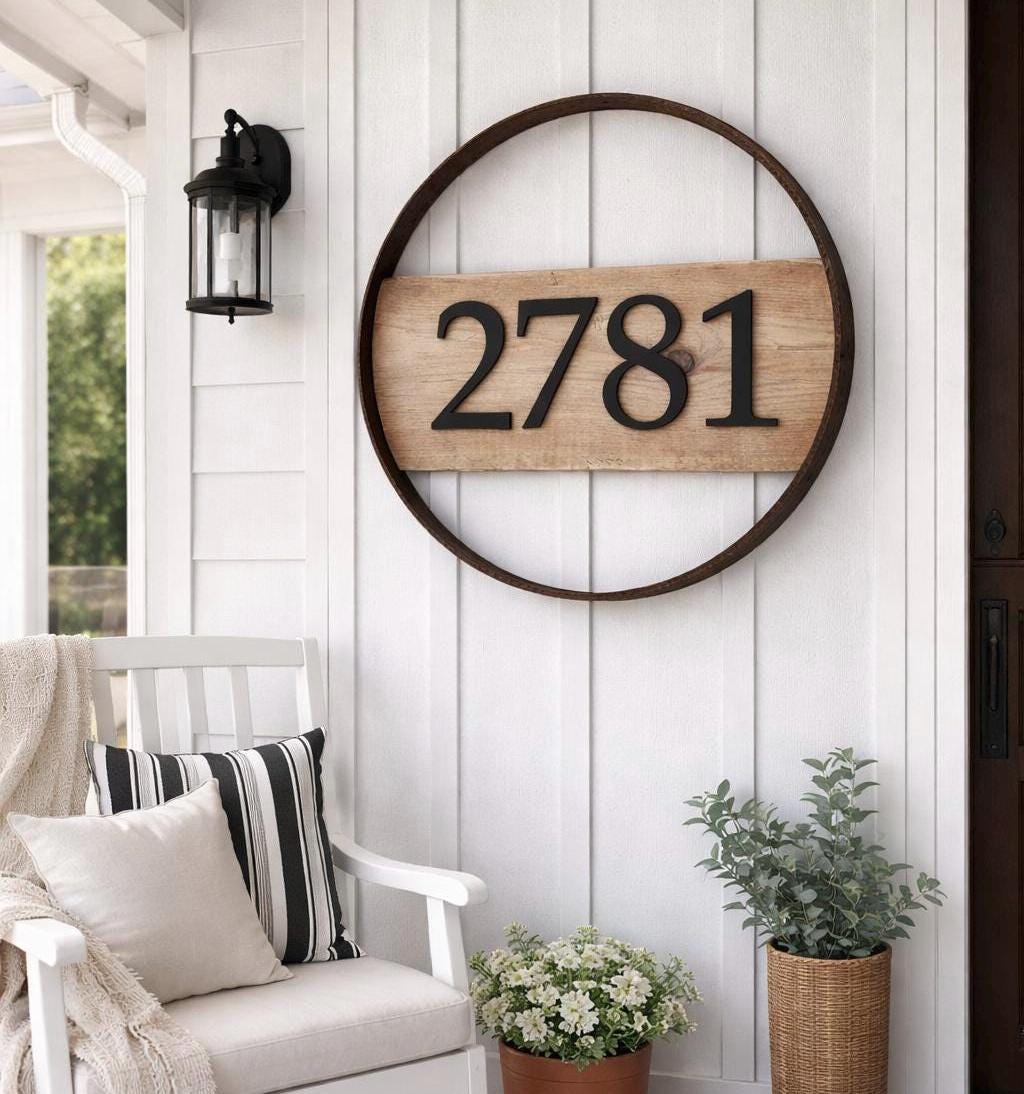 Rustic Address Sign With Large House Numbers, Bourbon Barrel Hoop ...