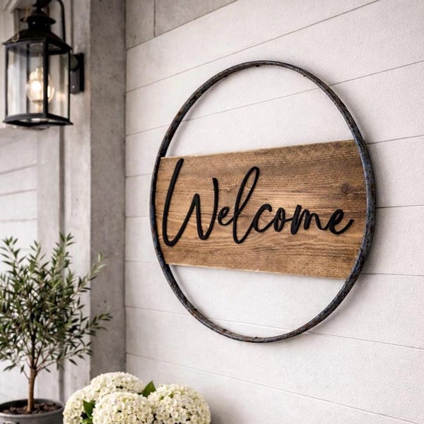 Welcome Front Porch Sign – 22” Bourbon Barrel Wall Decor, Industrial Round Wood Door Sign, Rustic Outdoor Entryway Decor