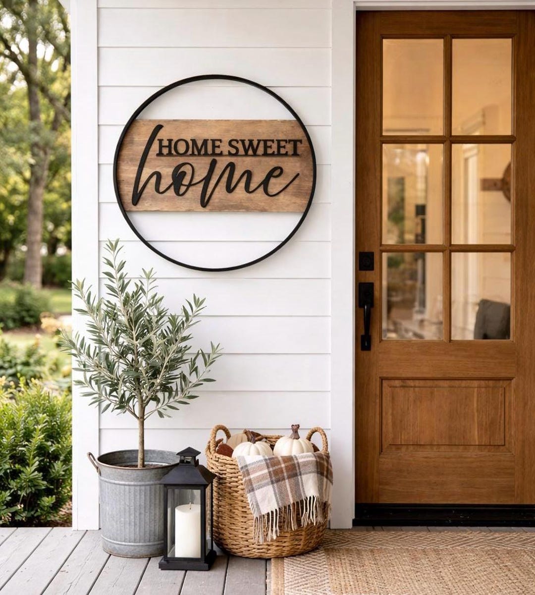 Home Sweet Home Sign - 22” Bourbon Barrel Ring Wall Art - Modern Farmhouse Porch Decor - Rustic Wood Round Sign - Housewarming Realtor Gift