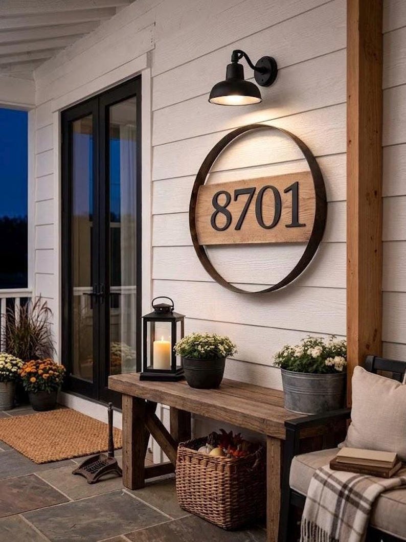 Round Metal Address Sign Rustic Address Sign With Large House Numbers, Bourbon Barrel Hoop ...