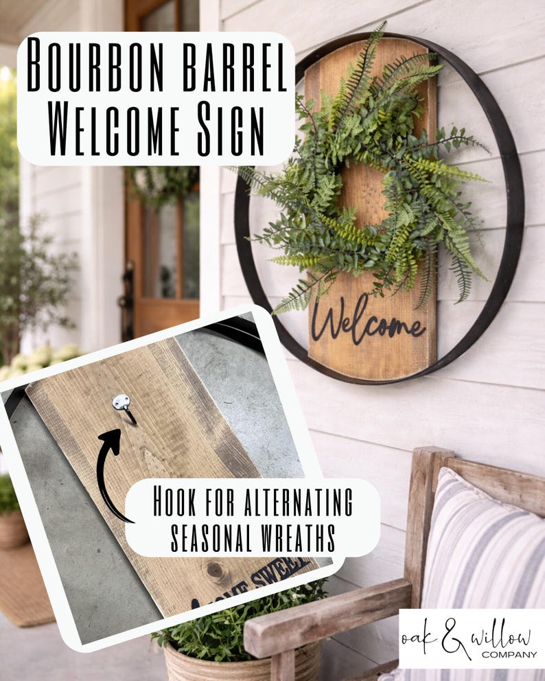 Bourbon Barrel Welcome Sign | Farmhouse Porch Wreath Sign | Rustic Metal Hoop Wall Decor