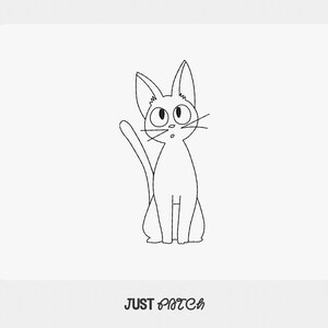 May include: A black and white line drawing of a cat with large eyes and a surprised expression. The cat is sitting upright with its tail raised. The text "JUST PATCH" is at the bottom.