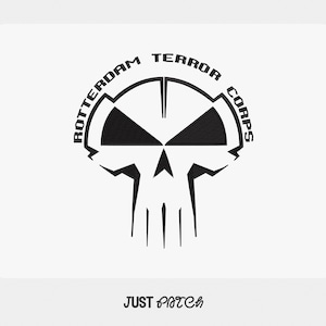May include: Black and white graphic of a skull with the words "ROTTERDAM TERROR CORPS" in a semi-circular design above the skull. The text "JUST PATCH" is printed below the skull.