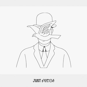 May include: A black and white line drawing of a person in a suit and bowler hat, with a dove covering the face. The words "JUST PATCH" are at the bottom of the image.