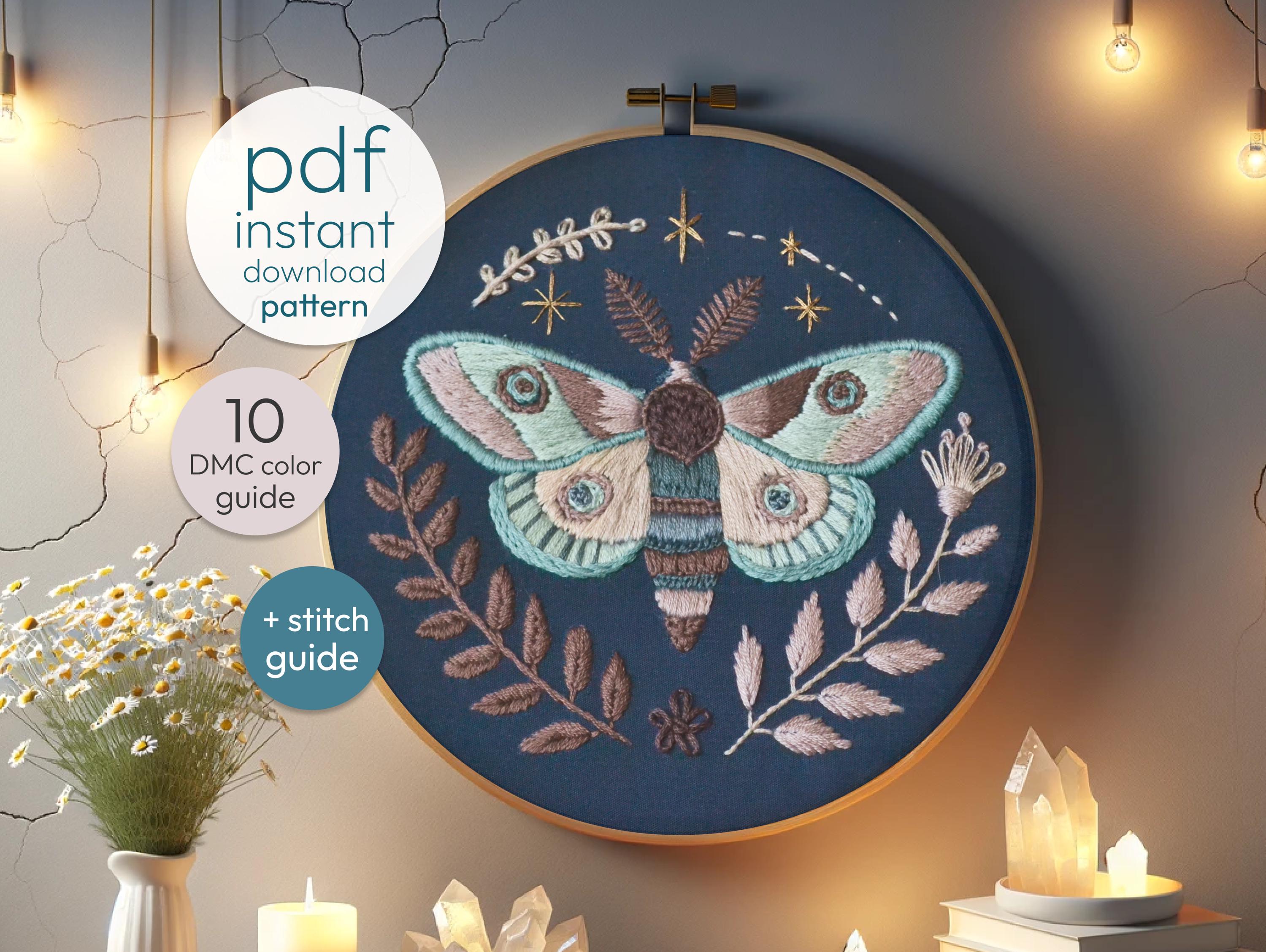 Moth Embroidery Pattern PDF – Instant Download Celestial Luna Moth Hoop Art – DIY Hand Embroidery with Stitch & 10 colors DMC Guide