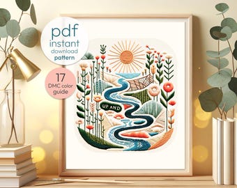 Radiant Riverway PDF (Digital) Embroidery Pattern | Modern Landscape Hoop Art | DIY Nature-Inspired Needlework for Relaxation & Home Decor