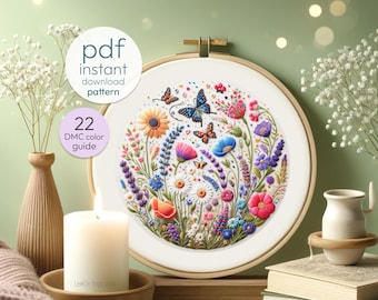 Butterfly & Wildflower Embroidery Pattern PDF | Floral Hoop Art with 22 DMC Colors | Relaxing DIY Needlework for Mindfulness