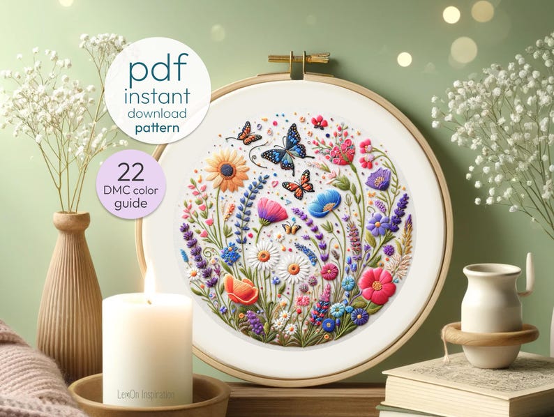 Butterfly & Wildflower Embroidery Pattern: Floral Hoop Art (PDF Pattern ...