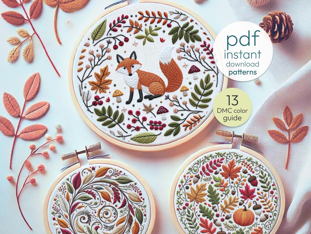 Autumn Fox Embroidery PDF Pattern Set: Fall Leaf & Animal Designs - Etsy