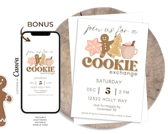 May include: A printable invitation for a cookie exchange party. The invitation features a gingerbread man, a Christmas tree, and a cup of hot chocolate. The text on the invitation reads "Join us for a Cookie Exchange" and includes the date, time, and location of the event. RSVP by November 30th.
