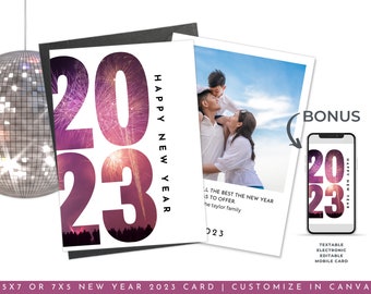 2023 Editable Happy New Year Canva Template, 5x7 Editable Card, Printable, 7x5 Editable New Year Photo Card, BONUS Mobile Card HNY