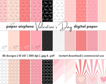 Papier numérique de la Saint-Valentin | Papier de scrapbooking Saint-Valentin | Fond d'écran de téléphone | Coeurs d'avions en papier | Contexte numérique | Collecte de papier