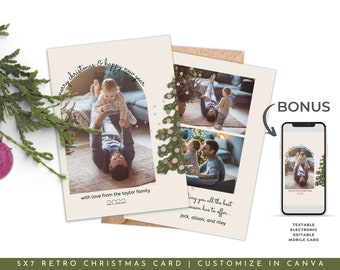 RETRO: Editable Christmas Canva Template, 5x7 Editable Card, Printable Christmas Card, Editable Christmas Photo Card, BONUS Mobile Card