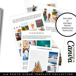 Pode incluir: Uma coleção de 22 modelos de álbum de fotos imprimíveis para fotos de 15,24 x 20,32 cm. Os modelos apresentam um fundo branco com um design simples e texto que diz "Você pode adicionar um título/data aqui". Os modelos são projetados para serem usados com Canva.