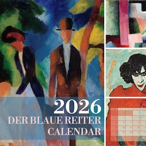 May include: 2026 calendar featuring artwork from Der Blaue Reiter. The calendar includes several colorful abstract paintings and a monthly calendar view for April. The cover art depicts figures in a vibrant, expressionistic style.