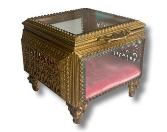 Antique French Jewelry Box with Beveled Glass & Filigree
