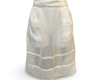 Vintage 1930s Sheer White Apron with Lace Inserts & Double Pockets/White Stitching, Handmade