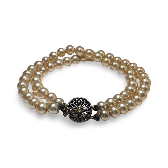 Vintage Double Strand Faux Pearl Bracelet – Art Deco 1930s – Sterling Silver Floral Clasp – Bridal Jewelry