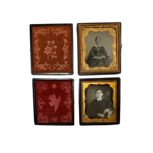 Antique Daguerreotypes 1850s Couple Portraits in Gold Frames, Leather Cases | Rare 19th Century Photo Art | Romantic Vintage Gift