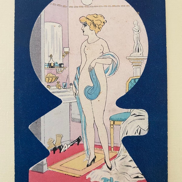 Xavier Sager Risqué Antique Postcard from Paris “Keyhole”, Circa 1917