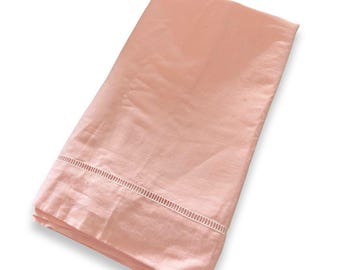 Antique French Linen Sheet Blush Coral Pink Trousseau Textile Ladderwork Detail Hand Pulled Stitch 1920s Romantic Bedding Fabric