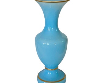 Antique French Blue Opaline Glass Vase With Gilt Edge