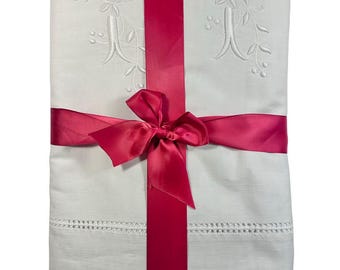 Antique French Linen Sheet Circa 1920 PF Monogram Whitework Embroidery Ladderwork Heavy Linen French Trousseau Bedding