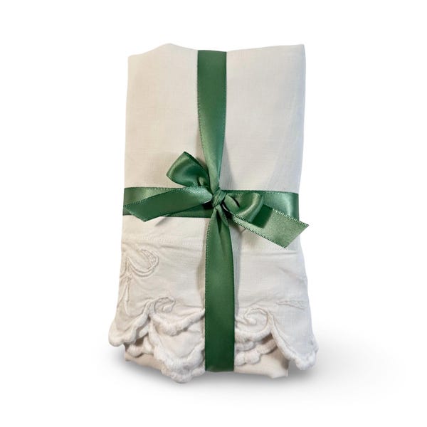 Fine French Antique Linen Pillowcase, Hand Embroidered MG Monogram & Scalloped Edge, France circa 1900