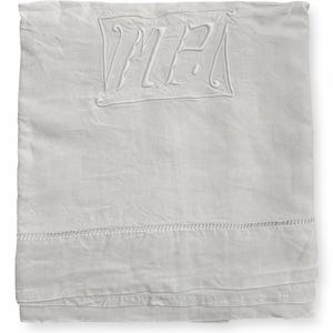 Antique French Linen Sheet White MP Monogram Trousseau Ladderwork Hand-Pulled Stitching 1920s