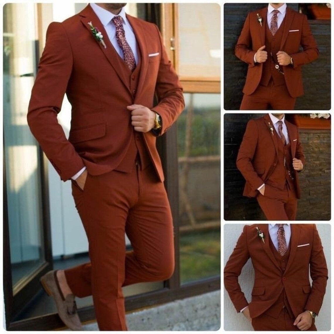 Men Rust 3 Piece Suits Wedding Suits, Slim Fit Suit and Groomsmen Suit ...