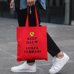 Borsa tote Keep Calm And Forza Ferrari, regalo per fan delle corse automobilistiche italiane, borsa riutilizzabile per la spesa per gli appassionati di sport motoristici, Scuderia Ferrari