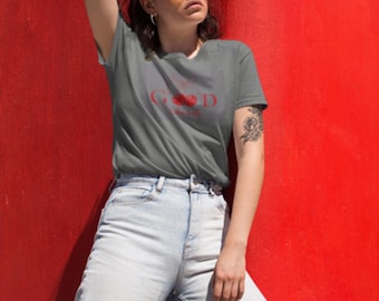 Koszulka "Good Vibes Only Cherry" | Urocza koszulka z grafiką retro z wiśniami | Koszulka z pozytywnym cytatem | Modny, estetyczny letni top | Wzór z czerwoną wiśnią