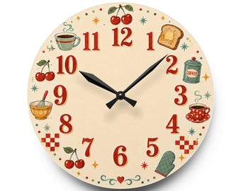 Retro Kitchen Icons Acrylic Wall Clock | Vintage Cherry Coffee Breakfast